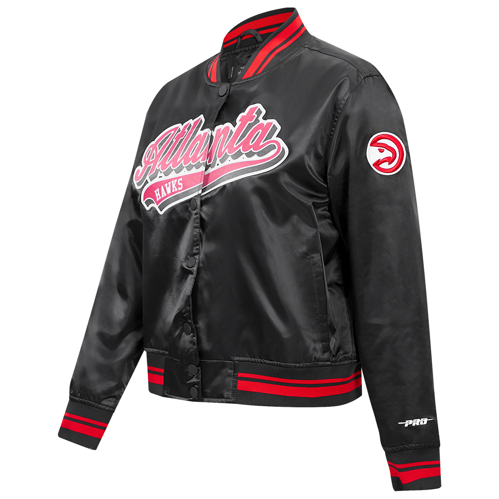 NBA ATLANTA HAWKS SCRIPT TAIL WOMEN'S SATIN JACKET (BLACK/RED/BLACK)