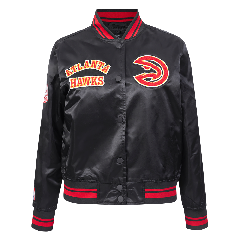 NBA ATLANTA HAWKS RETRO CLASSIC BLOUSON EN SATIN À BORDS CÔTELÉS POUR FEMME (NOIR/ROUGE/NOIR)