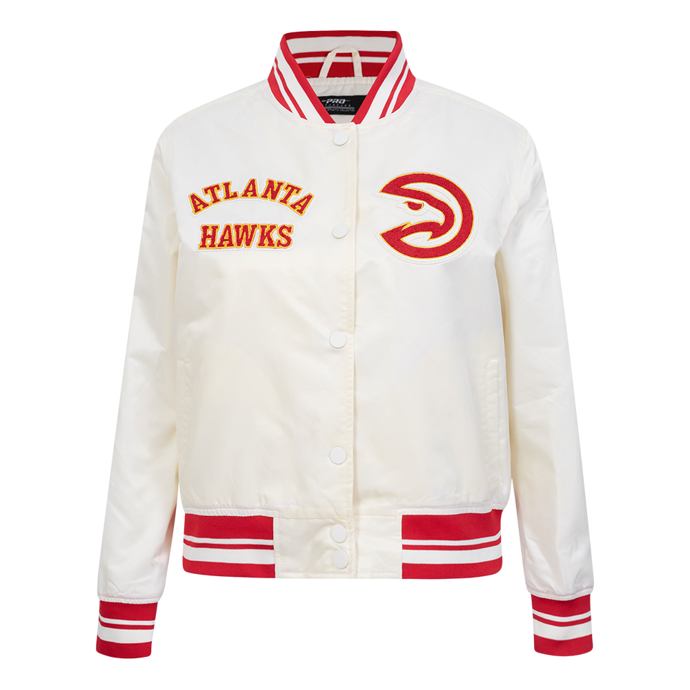 NBA ATLANTA HAWKS RETRO CLASSIC BLOUSON EN SATIN À BORDS CÔTELÉS POUR FEMME (COQUILLE D'ŒUF/ROUGE)