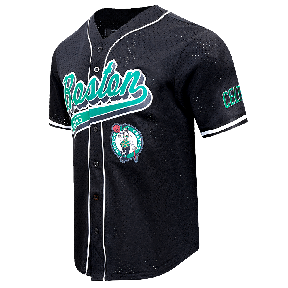 NBA BOSTON CELTICS SCRIPT TAIL MEN'S MESH BUTTON DOWN SHIRT (BLACK)