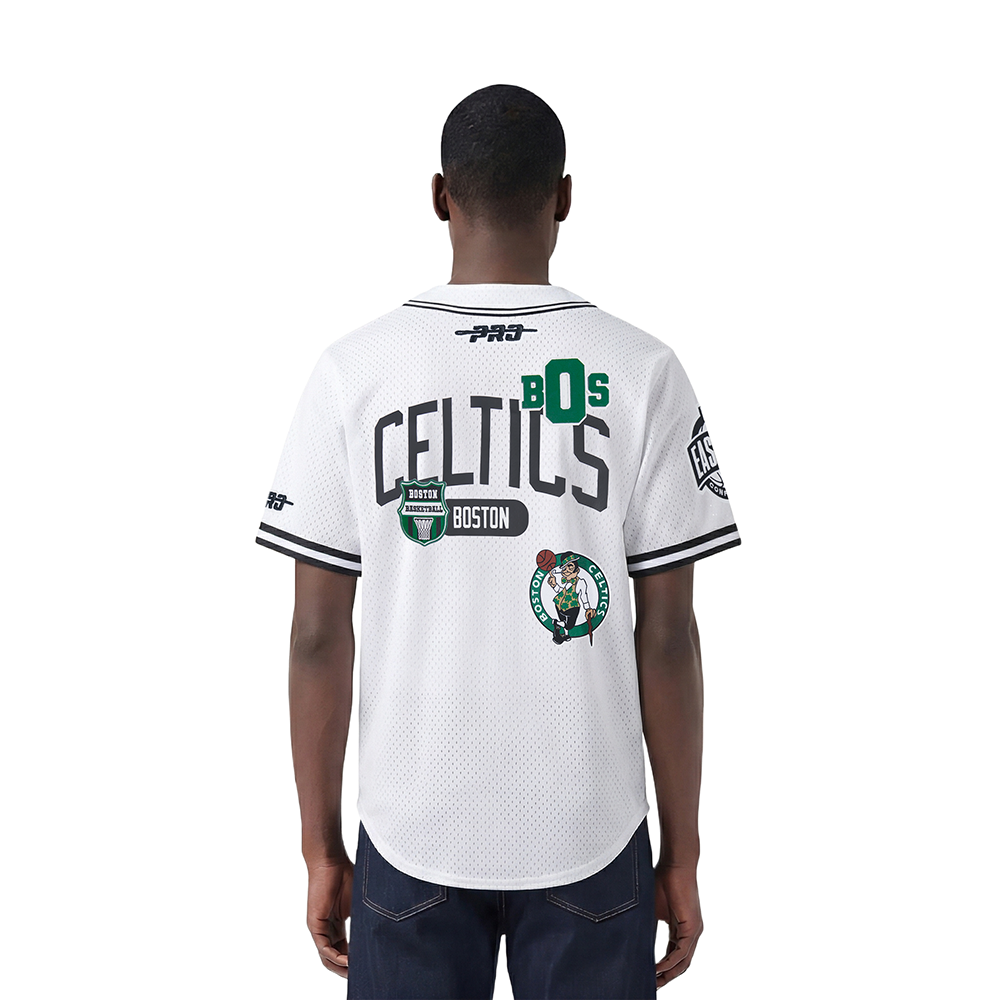 NBA BOSTON CELTICS LETTERMAN MEN'S BUTTON DOWN MESH TOP (WHITE/BLACK/WHITE)