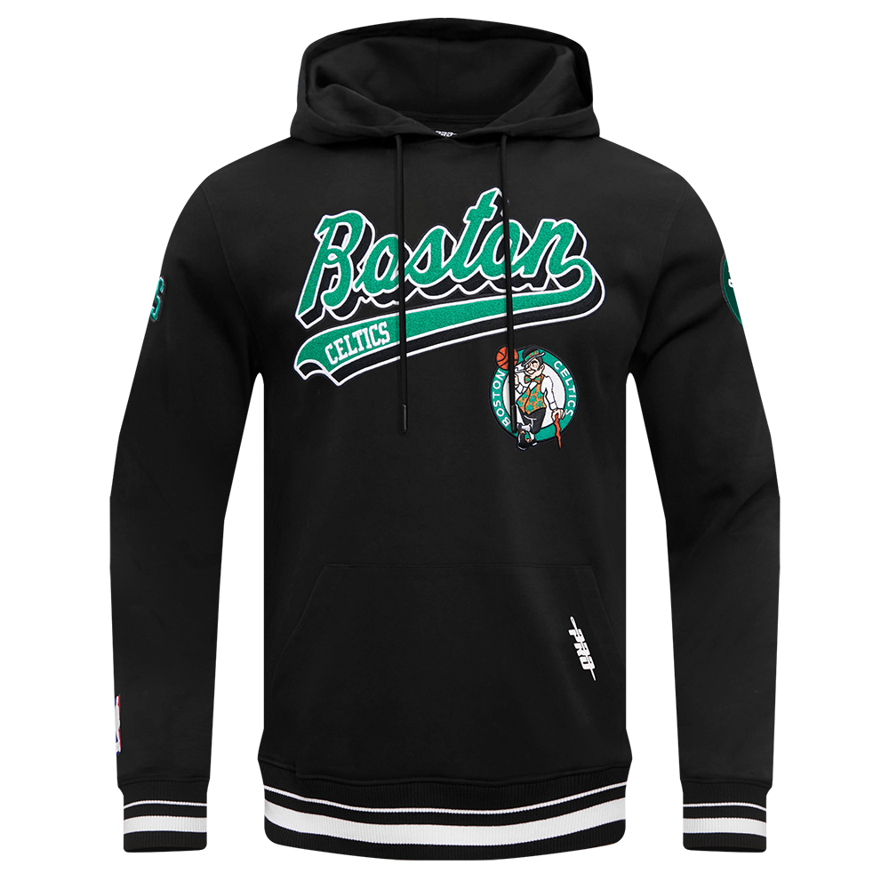 NBA BOSTON CELTICS SCRIPT TAIL MEN'S RIB FLEECE PULLOVER HOODIE (BLACK)