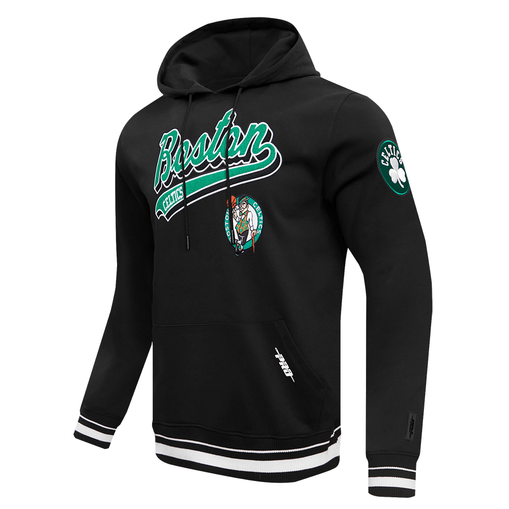 NBA BOSTON CELTICS SCRIPT TAIL MEN'S RIB FLEECE PULLOVER HOODIE (BLACK)