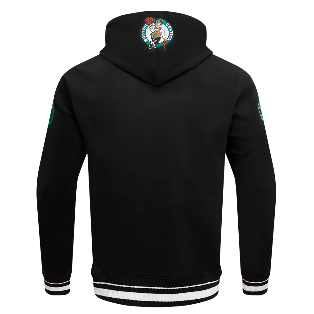 NBA BOSTON CELTICS SCRIPT TAIL MEN'S RIB FLEECE PULLOVER HOODIE (BLACK)