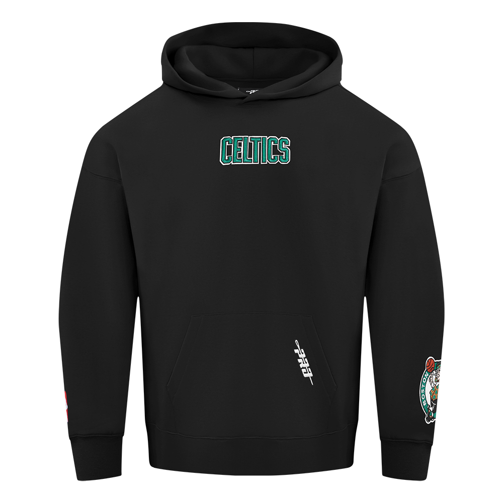 NBA BOSTON CELTICS WINGSPAN MEN'S DROP SHOULDER FLEECE PULLOVER HOODIE (BLACK)