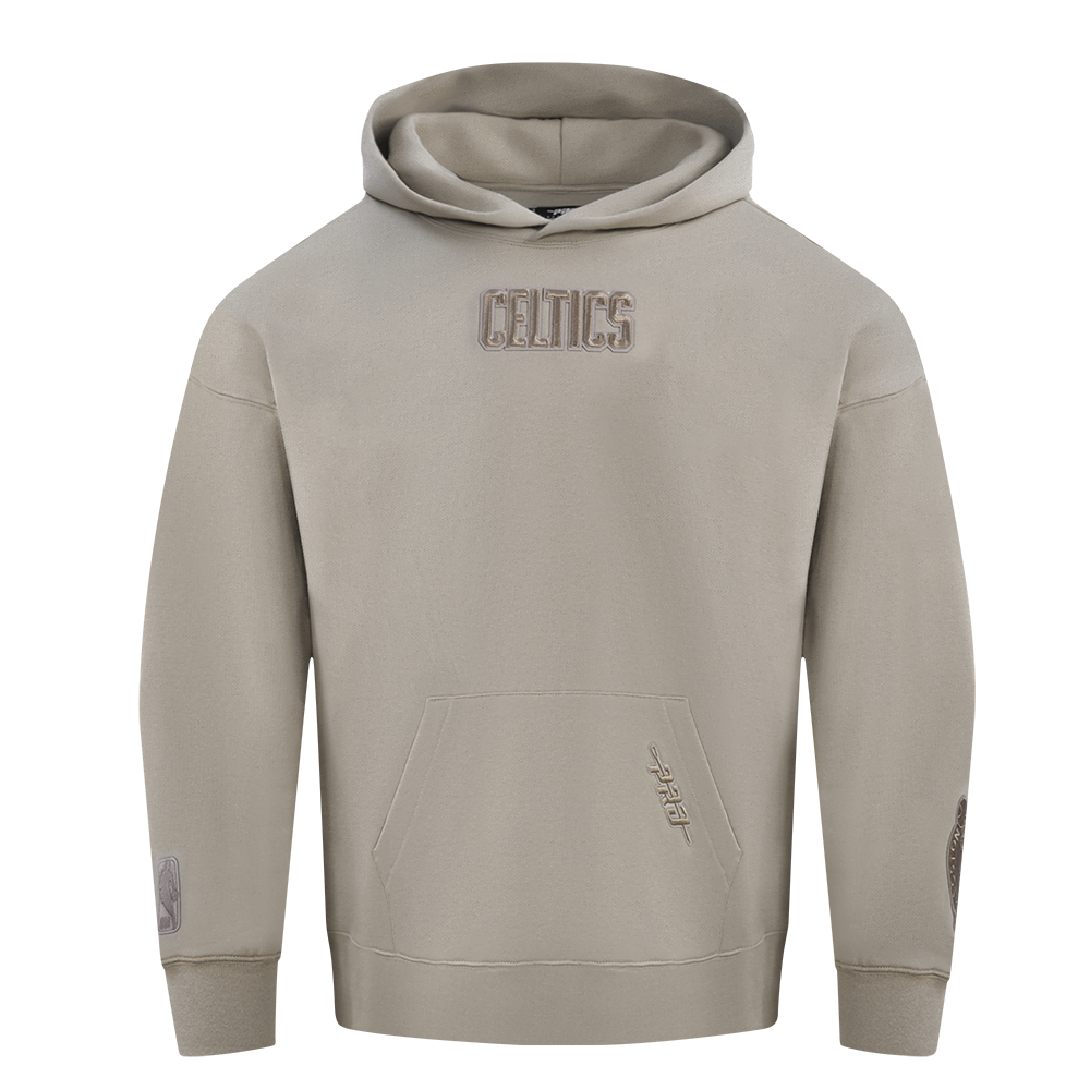NBA BOSTON CELTICS WINGSPAN MEN'S DROP SHOULDER FLEECE PULLOVER HOODIE (TAUPE)