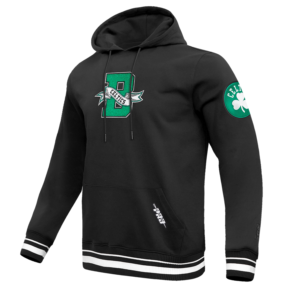 NBA BOSTON CELTICS TEAM PENNANTS MEN'S RIB FLEECE PULLOVER HOODIE (BLACK)