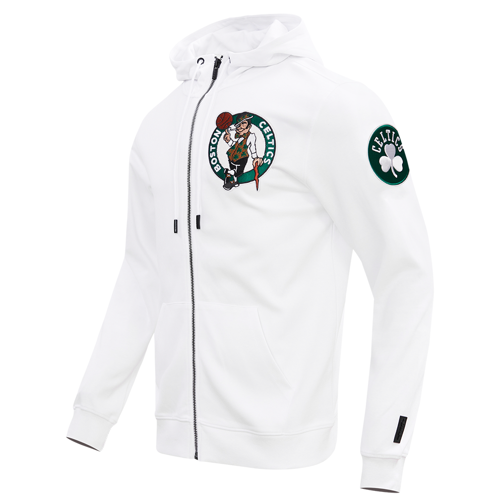 NBA BOSTON CELTICS CLASSIC CHENILLE MEN'S FULL ZIP PULLOVER HOODIE (WHITE)