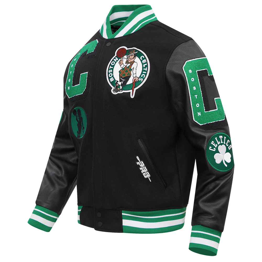 NBA BOSTON CELTICS MASH UP BLOUSON COLLÉGIAL EN LAINE À BORDS CÔTELÉS POUR HOMME (NOIR/VERT)