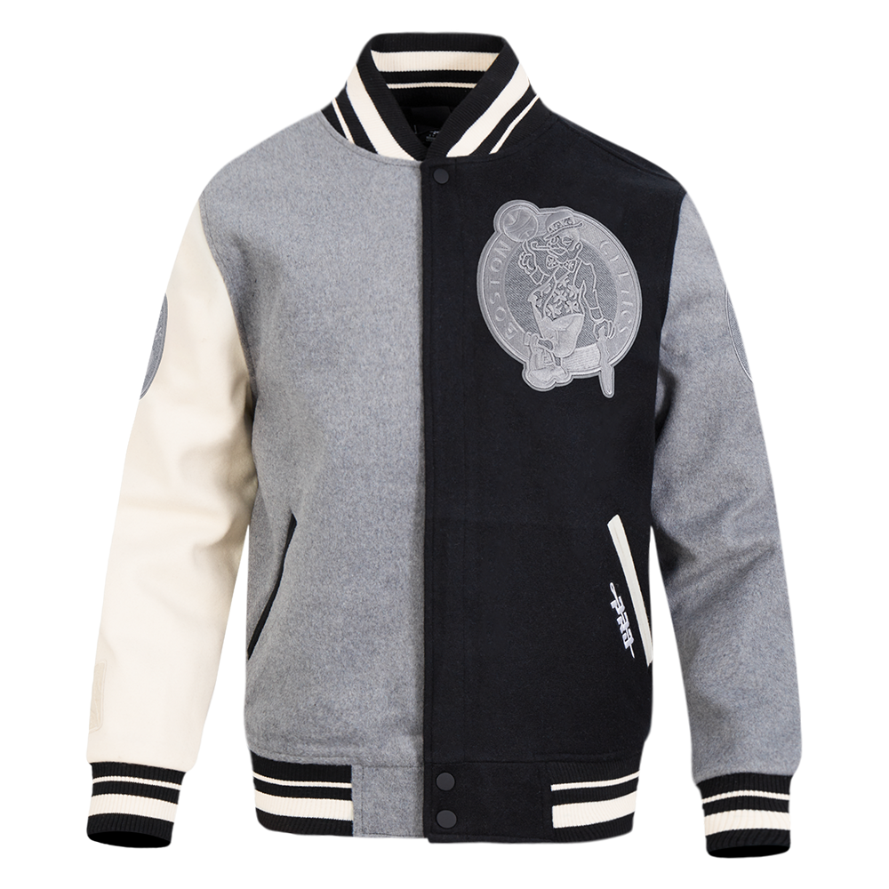 NBA BOSTON CELTICS REVERSE FRENCH TERRY BLOUSON COLLÉGIAL EN LAINE À BLOCS DE COULEUR POUR HOMME (NOIR/GRIS/COQUILLE D'ŒUF)