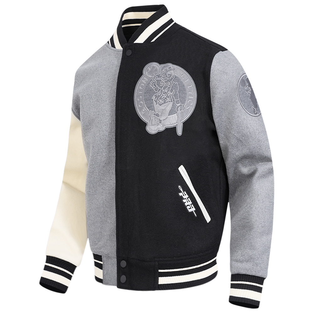 NBA BOSTON CELTICS REVERSE FRENCH TERRY BLOUSON COLLÉGIAL EN LAINE À BLOCS DE COULEUR POUR HOMME (NOIR/GRIS/COQUILLE D'ŒUF)