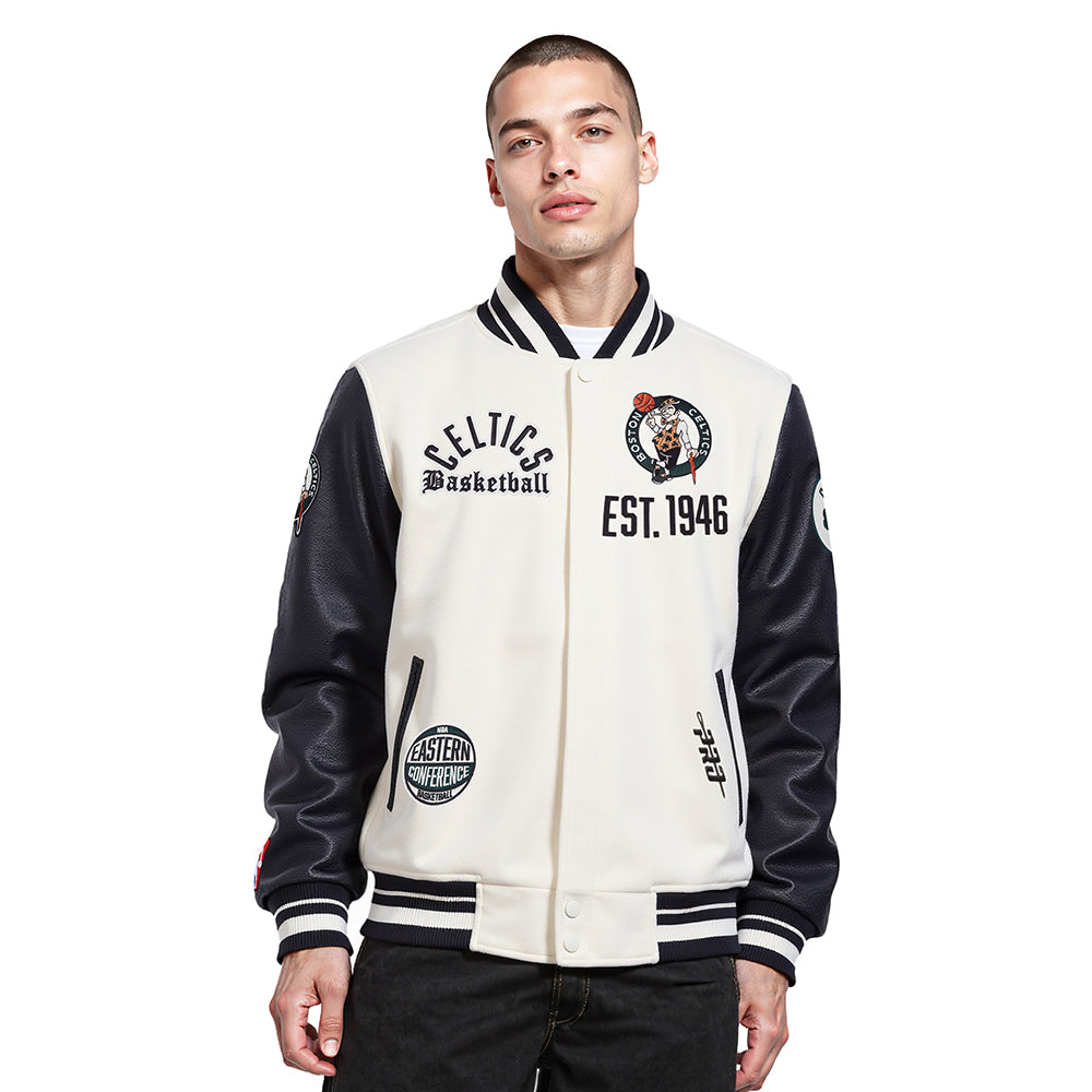 NBA BOSTON CELTICS MODERN ORIGINALS BLOUSON COLLÉGIAL EN LAINE À BORDS CÔTELÉS POUR HOMME (COQUILLE D'ŒUF/NOIR)