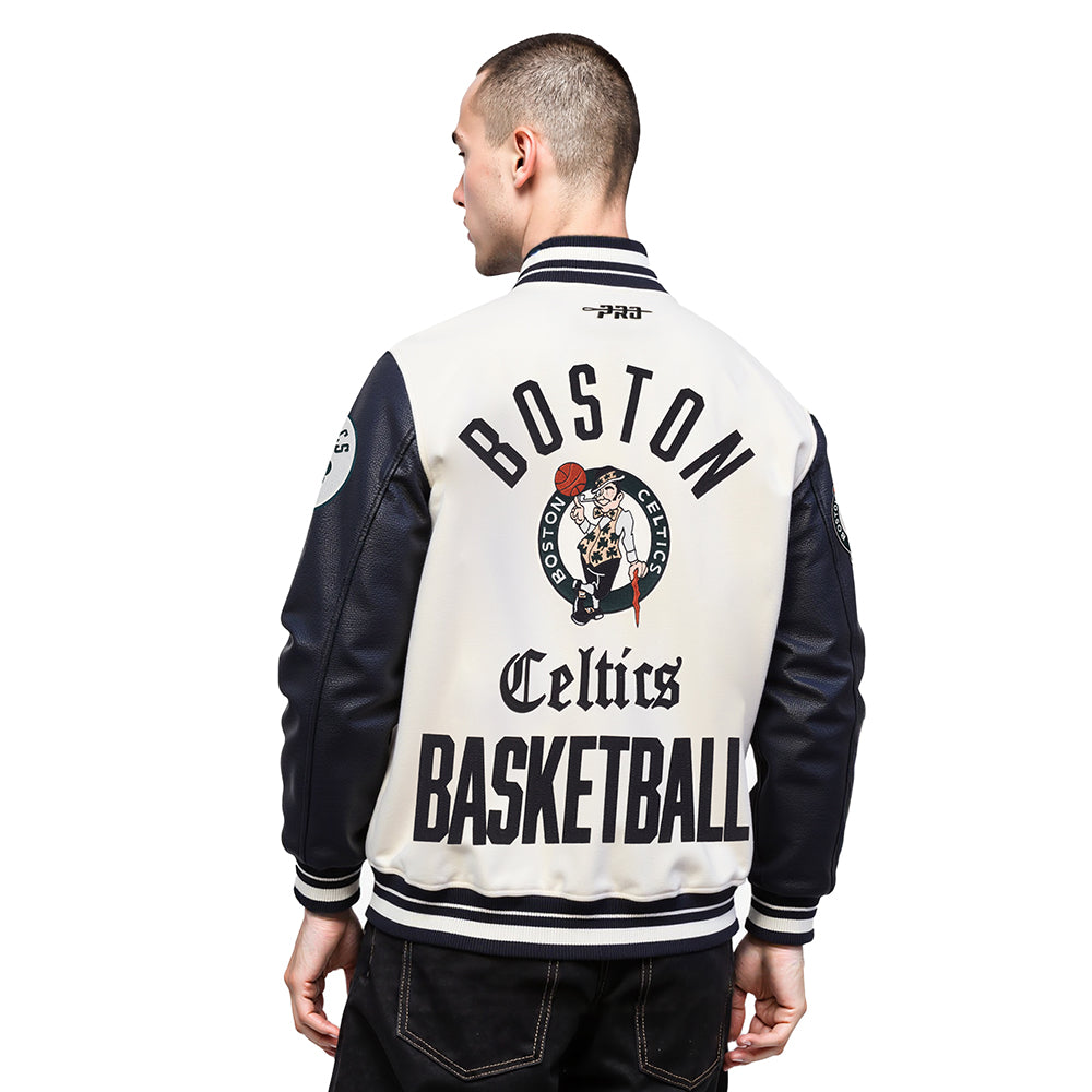 NBA BOSTON CELTICS MODERN ORIGINALS BLOUSON COLLÉGIAL EN LAINE À BORDS CÔTELÉS POUR HOMME (COQUILLE D'ŒUF/NOIR)