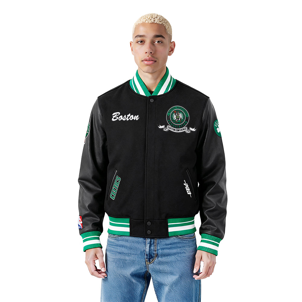 NBA BOSTON CELTICS TEAM BADGE BLOUSON COLLÉGIAL EN LAINE À BORDS CÔTELÉS POUR HOMME (NOIR/VERT)