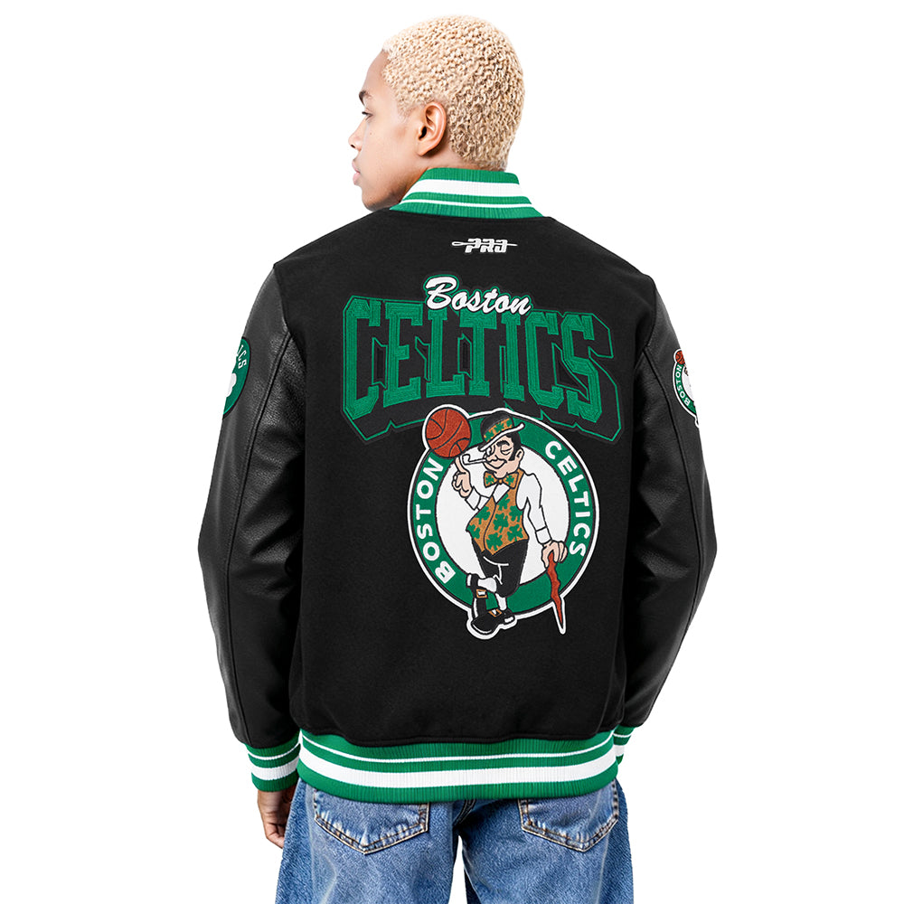 NBA BOSTON CELTICS TEAM BADGE BLOUSON COLLÉGIAL EN LAINE À BORDS CÔTELÉS POUR HOMME (NOIR/VERT)