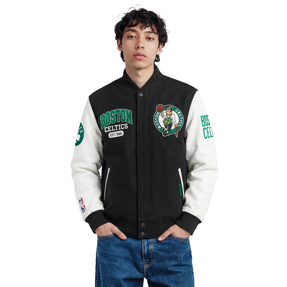 NBA BOSTON CELTICS CITY ARCH BLOUSON COLLÉGIAL EN LAINE POUR HOMME (NOIR/BLANC M60030)