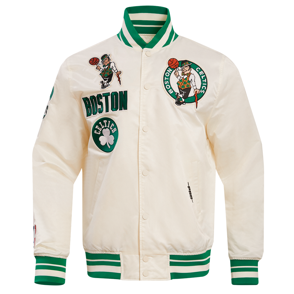 NBA BOSTON CELTICS RETRO CLASSIC MEN'S RIB SATIN JACKET (EGGSHELL/ KELLY GREEN)
