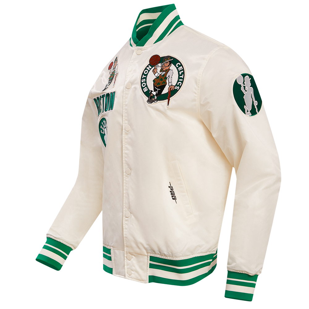 NBA BOSTON CELTICS RETRO CLASSIC MEN'S RIB SATIN JACKET (EGGSHELL/ KELLY GREEN)