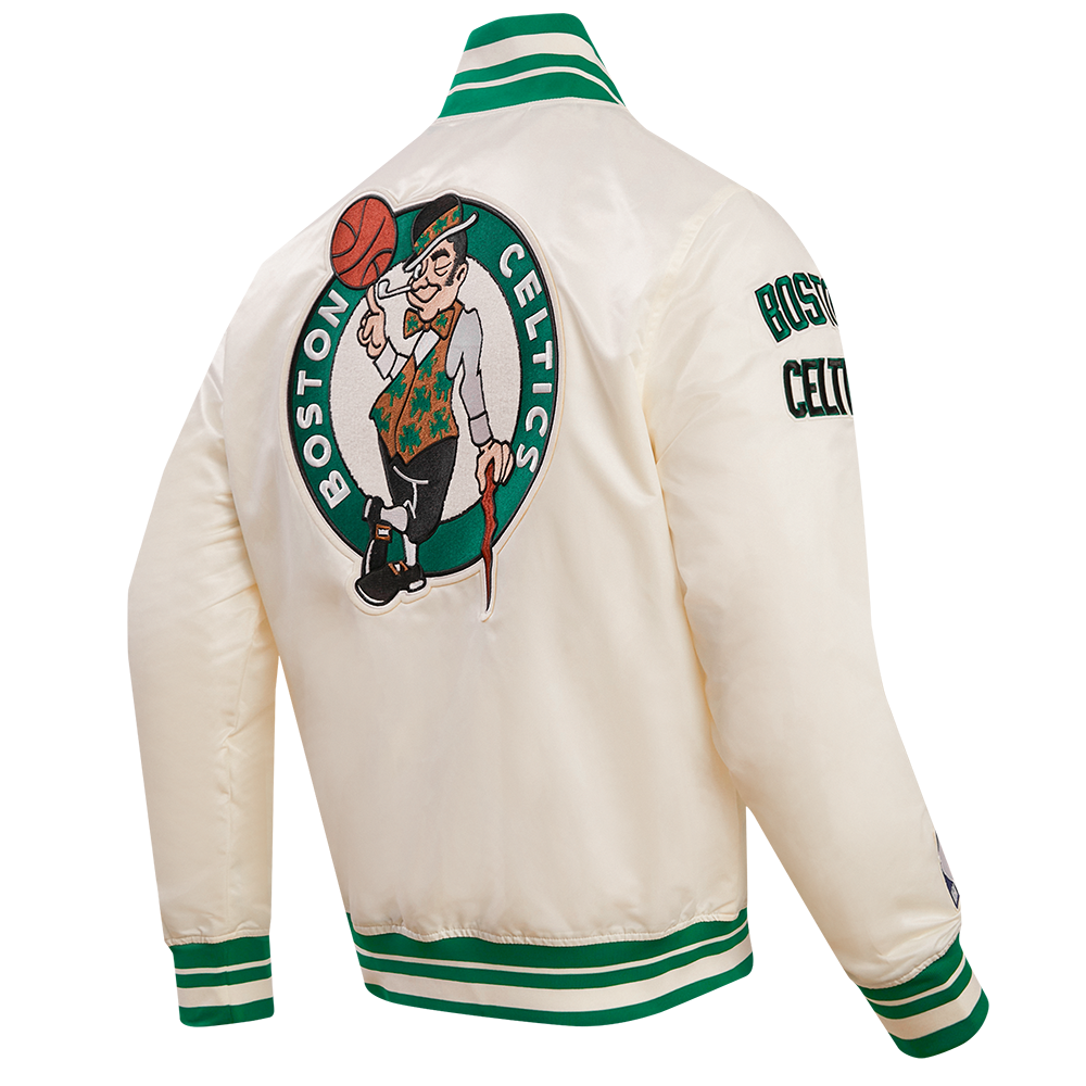 NBA BOSTON CELTICS RETRO CLASSIC MEN'S RIB SATIN JACKET (EGGSHELL/ KELLY GREEN)