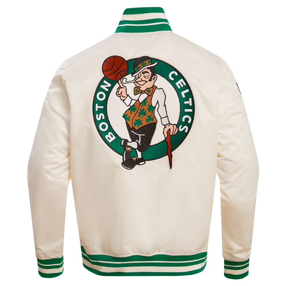 NBA BOSTON CELTICS RETRO CLASSIC MEN'S RIB SATIN JACKET (EGGSHELL/ KELLY GREEN)