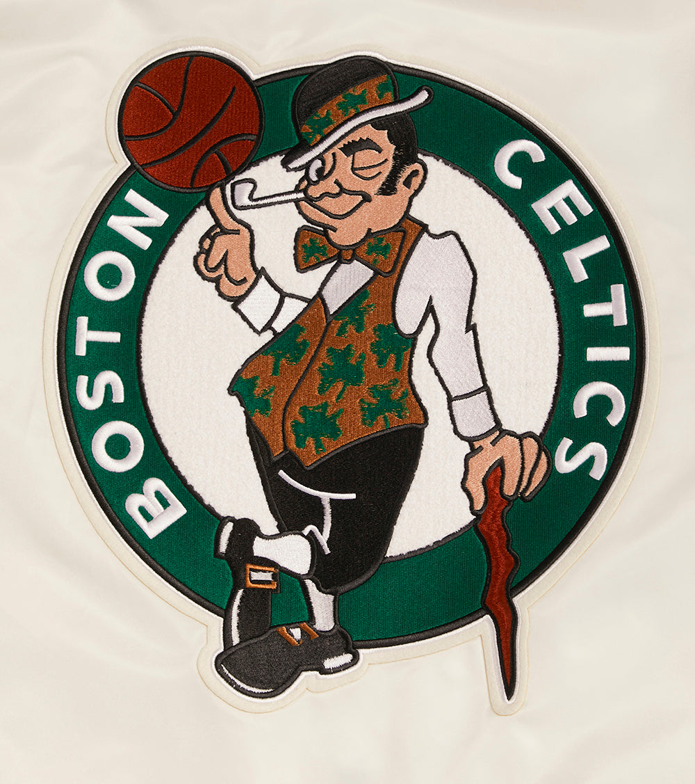 NBA BOSTON CELTICS RETRO CLASSIC MEN'S RIB SATIN JACKET (EGGSHELL/ KELLY GREEN)
