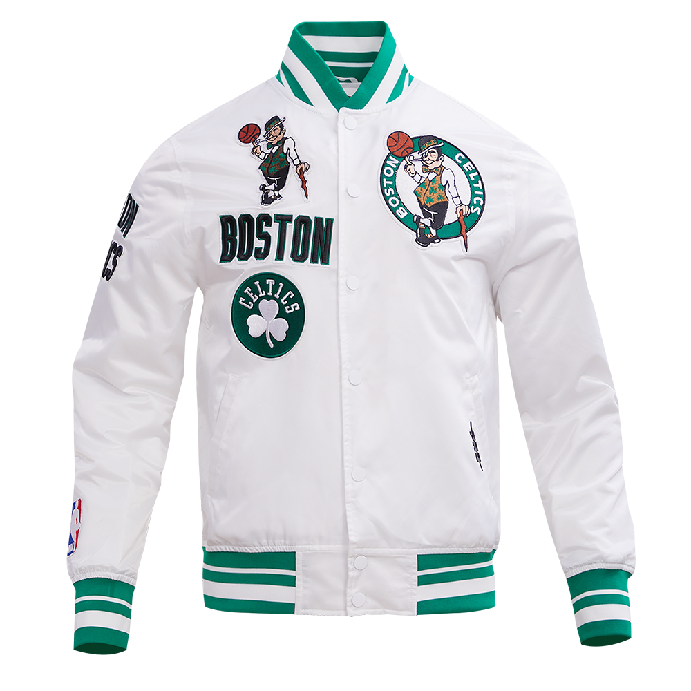 NBA BOSTON CELTICS RETRO CLASSIC BLOUSON EN SATIN À BORDS CÔTELÉS POUR HOMME (BLANC/VERT KELLY)