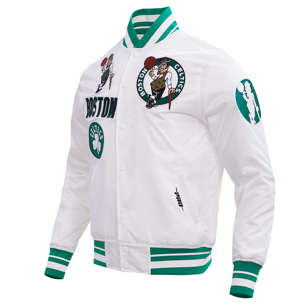 NBA BOSTON CELTICS RETRO CLASSIC BLOUSON EN SATIN À BORDS CÔTELÉS POUR HOMME (BLANC/VERT KELLY)
