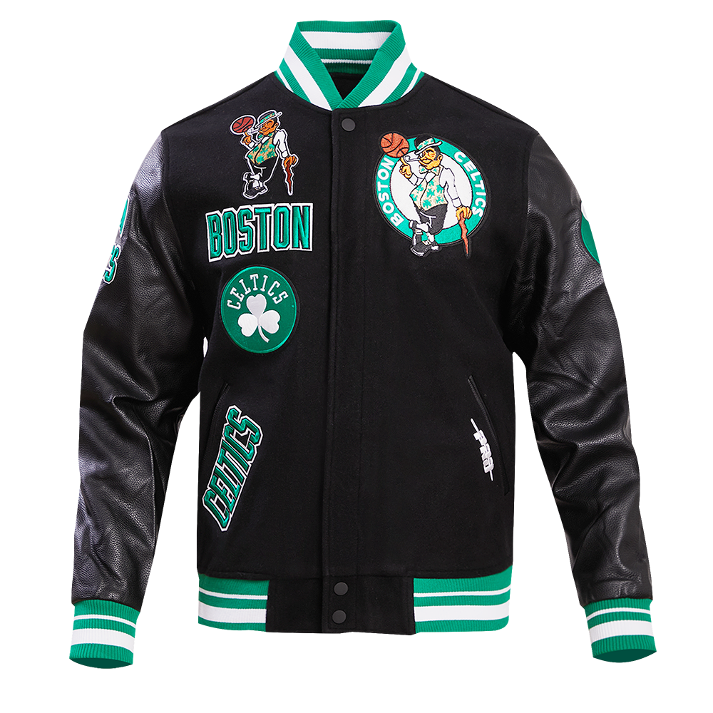 NBA BOSTON CELTICS RETRO CLASSIC BLOUSON COLLÉGIAL EN LAINE À BORDS CÔTELÉS POUR HOMME (NOIR/VERT KELLY)