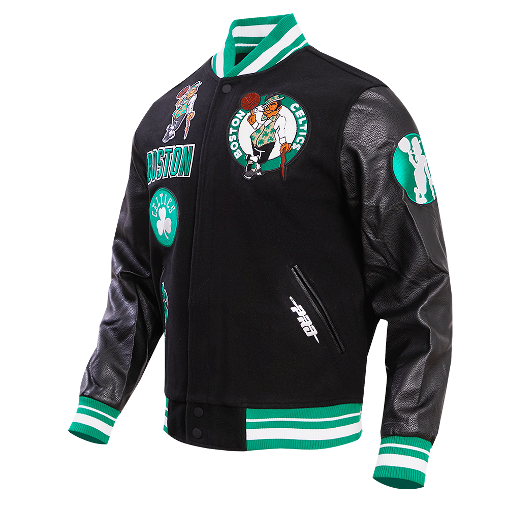 NBA BOSTON CELTICS RETRO CLASSIC BLOUSON COLLÉGIAL EN LAINE À BORDS CÔTELÉS POUR HOMME (NOIR/VERT KELLY)