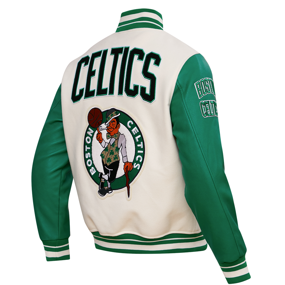 NBA BOSTON CELTICS RETRO CLASSIC MEN'S RIB WOOL VARSITY JACKET (EGGSHELL/KELLY GREEN)