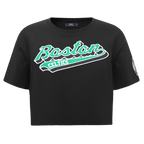 NBA BOSTON CELTICS SCRIPT TAIL WOMEN'S SINGLE JERSEY BOXY TEE (BLACK)