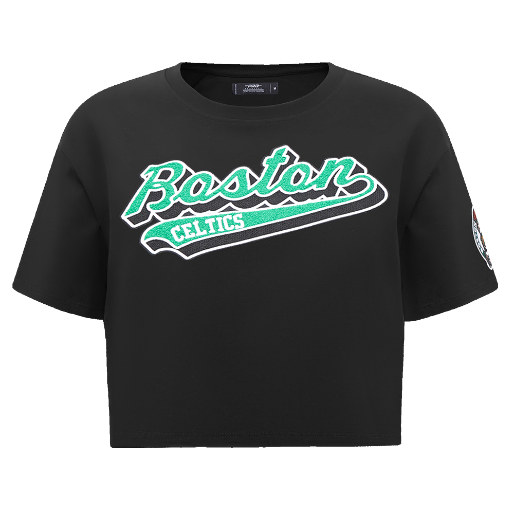 NBA BOSTON CELTICS SCRIPT TAIL WOMEN'S SINGLE JERSEY BOXY TEE (BLACK)