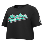 NBA BOSTON CELTICS SCRIPT TAIL WOMEN'S SINGLE JERSEY BOXY TEE (BLACK)