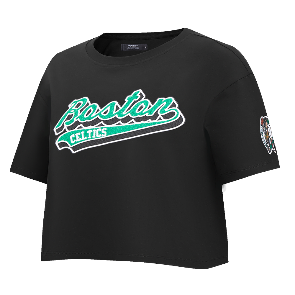 NBA BOSTON CELTICS SCRIPT TAIL WOMEN'S SINGLE JERSEY BOXY TEE (BLACK)