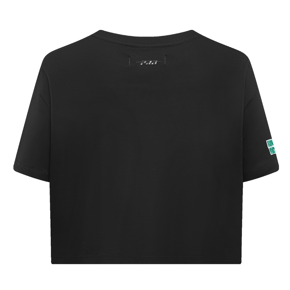 NBA BOSTON CELTICS SCRIPT TAIL WOMEN'S SINGLE JERSEY BOXY TEE (BLACK)