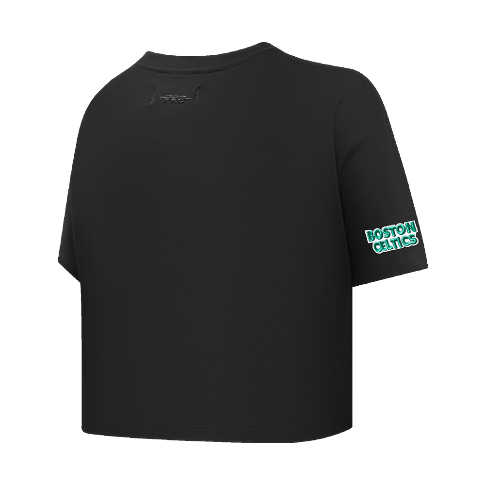 NBA BOSTON CELTICS SCRIPT TAIL WOMEN'S SINGLE JERSEY BOXY TEE (BLACK)