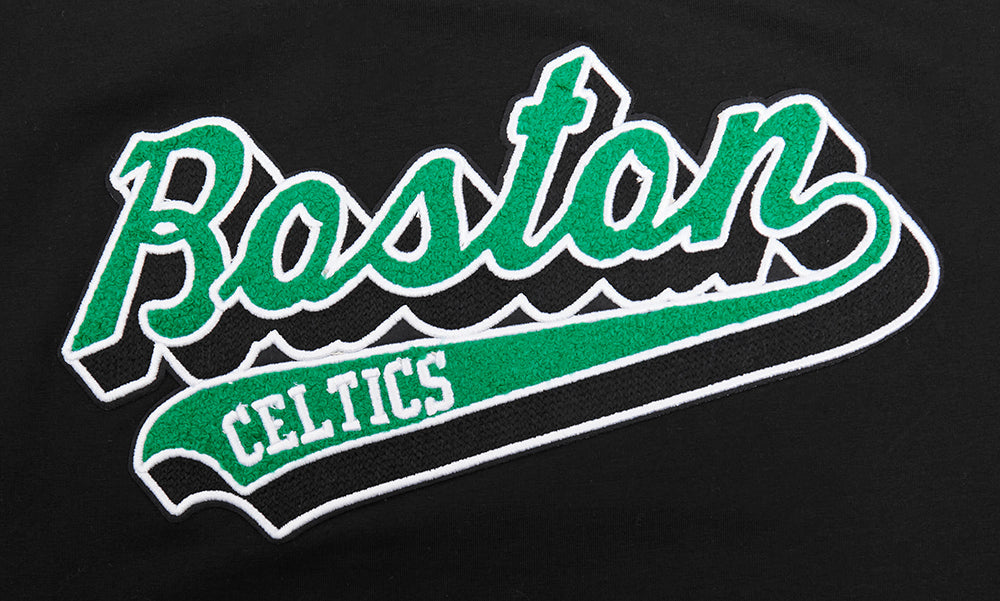 NBA BOSTON CELTICS SCRIPT TAIL WOMEN'S SINGLE JERSEY BOXY TEE (BLACK)