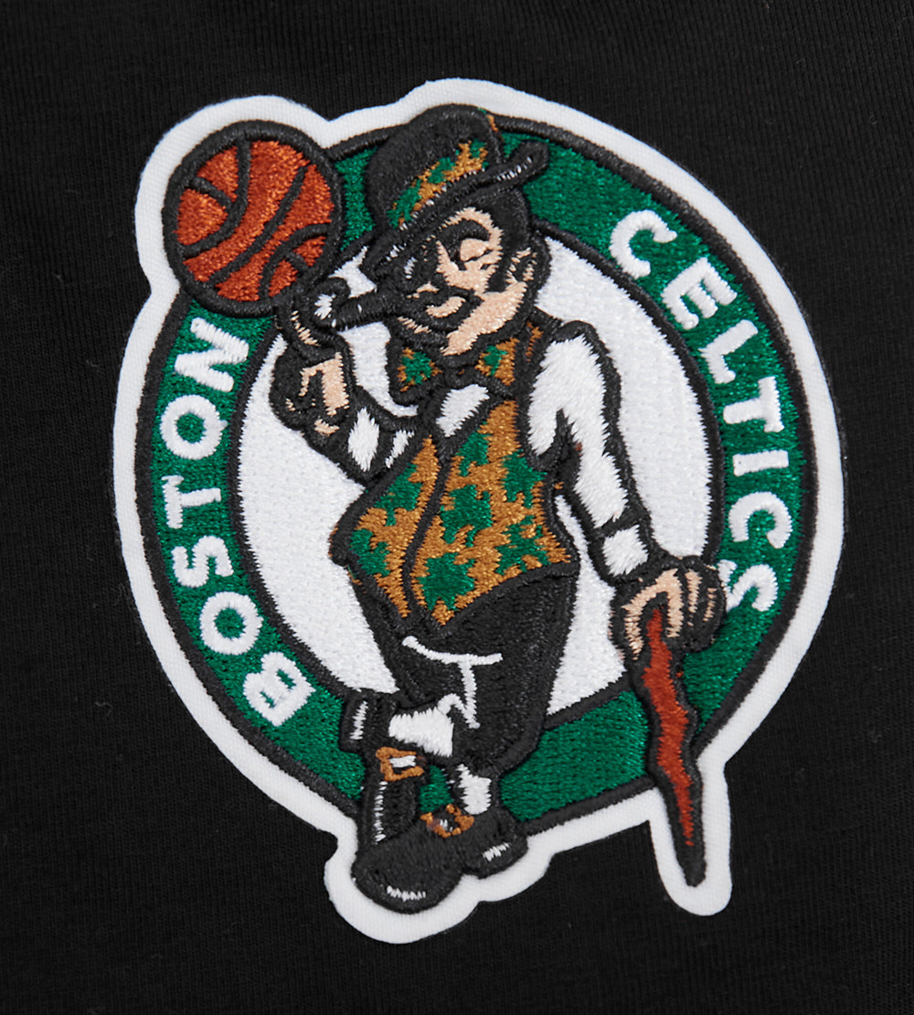 NBA BOSTON CELTICS SCRIPT TAIL WOMEN'S SINGLE JERSEY BOXY TEE (BLACK)