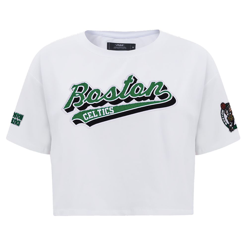 NBA BOSTON CELTICS SCRIPT TAIL WOMEN'S SINGLE JERSEY BOXY TEE (WHITE)