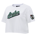 NBA BOSTON CELTICS SCRIPT TAIL WOMEN'S SINGLE JERSEY BOXY TEE (WHITE)