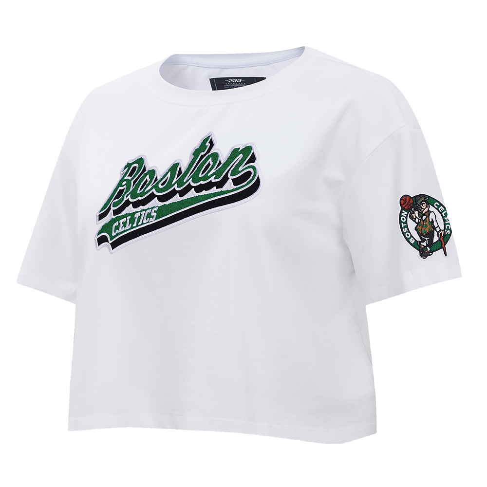 NBA BOSTON CELTICS SCRIPT TAIL WOMEN'S SINGLE JERSEY BOXY TEE (WHITE)