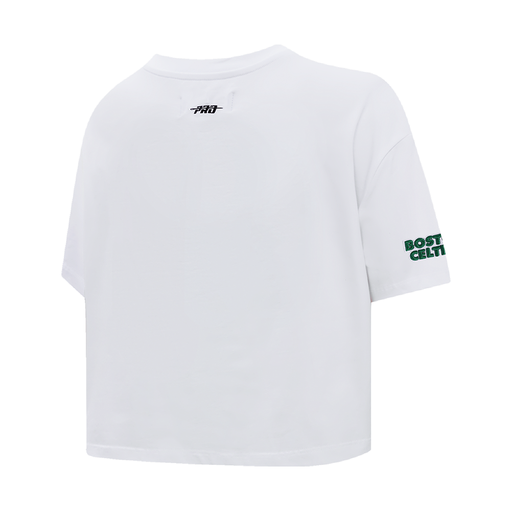 NBA BOSTON CELTICS SCRIPT TAIL WOMEN'S SINGLE JERSEY BOXY TEE (WHITE)