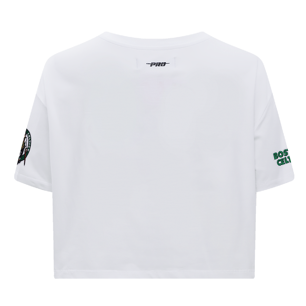 NBA BOSTON CELTICS SCRIPT TAIL WOMEN'S SINGLE JERSEY BOXY TEE (WHITE)