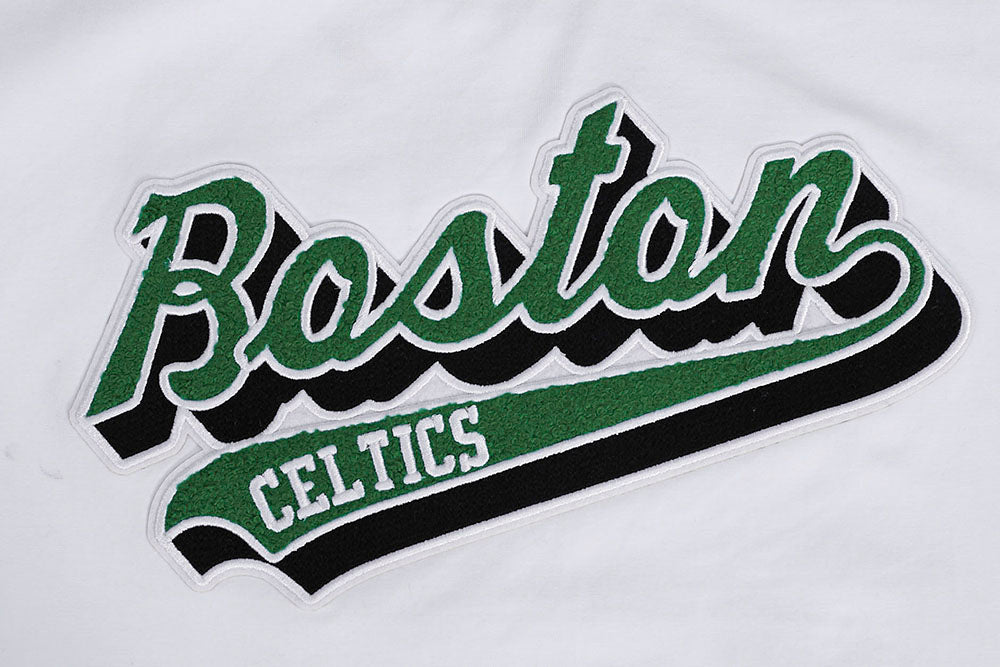 NBA BOSTON CELTICS SCRIPT TAIL WOMEN'S SINGLE JERSEY BOXY TEE (WHITE)