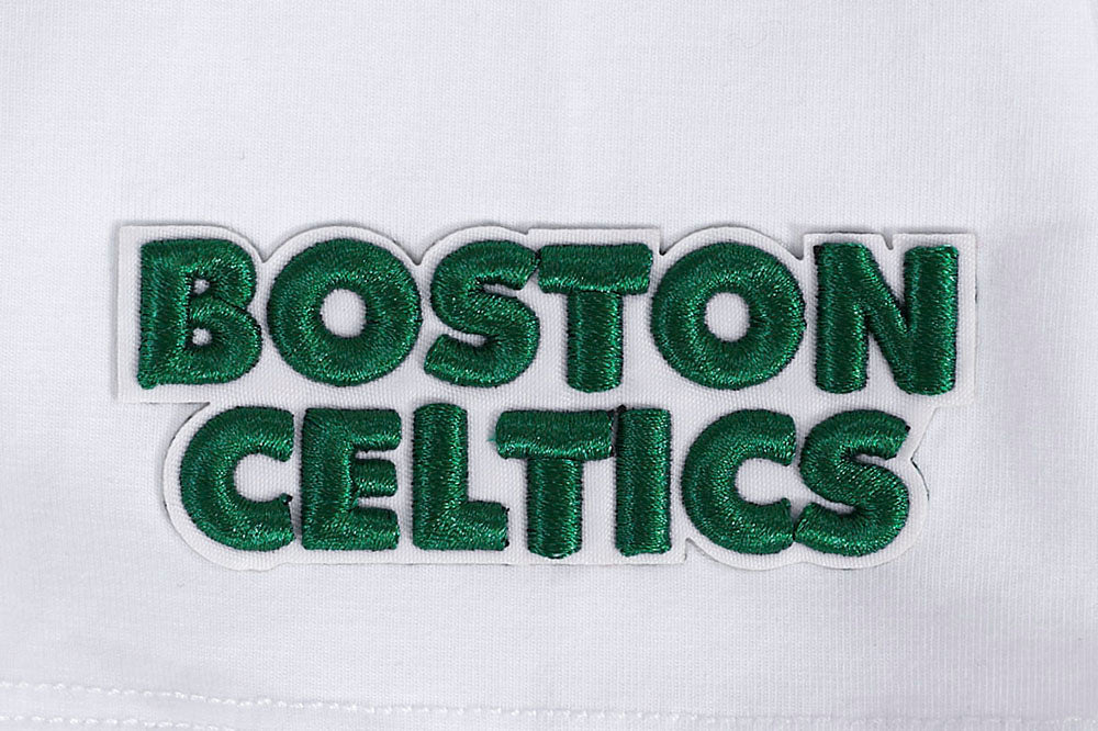 NBA BOSTON CELTICS SCRIPT TAIL WOMEN'S SINGLE JERSEY BOXY TEE (WHITE)