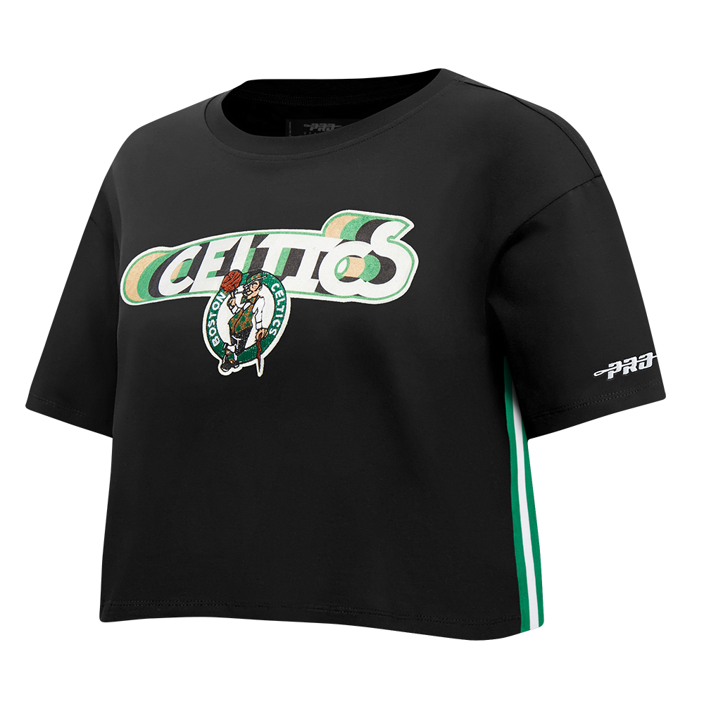 NBA BOSTON CELTICS RETRO ELEVATION T-SHIRT EN JERSEY SIMPLE À COUPE CARRÉE POUR FEMME (NOIR)