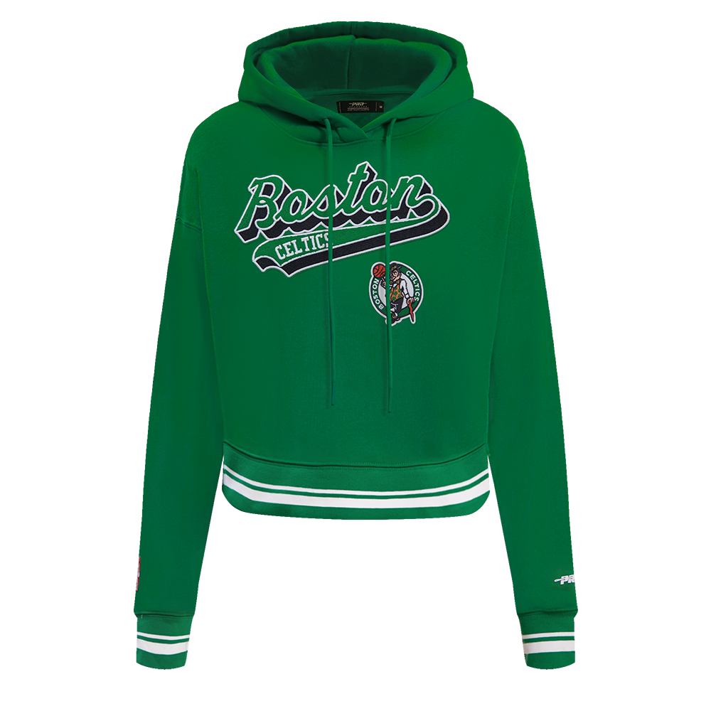 NBA BOSTON CELTICS SCRIPT TAIL WOMEN'S RIB FLEECE CROPPED PULLOVER HOODIE (KELLY GREEN)