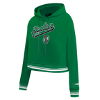 NBA BOSTON CELTICS SCRIPT TAIL WOMEN'S RIB FLEECE CROPPED PULLOVER HOODIE (KELLY GREEN)