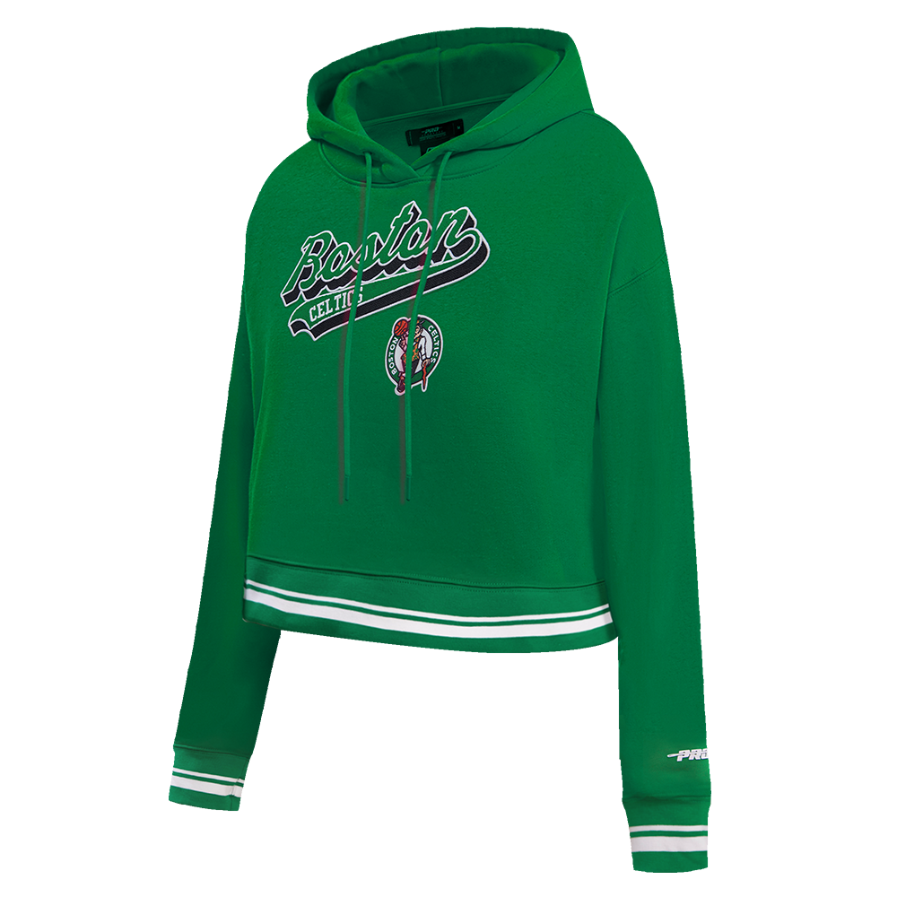 NBA BOSTON CELTICS SCRIPT TAIL WOMEN'S RIB FLEECE CROPPED PULLOVER HOODIE (KELLY GREEN)