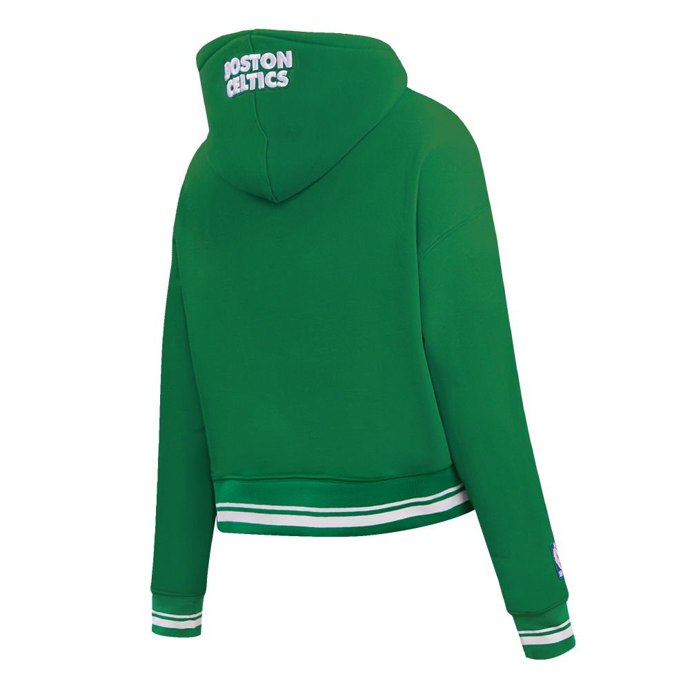 NBA BOSTON CELTICS SCRIPT TAIL WOMEN'S RIB FLEECE CROPPED PULLOVER HOODIE (KELLY GREEN)